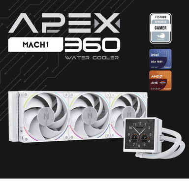Water Cooler MACH1 APEX, ARGB, 360mm, com Tela LCD, AMD e Intel, Branco